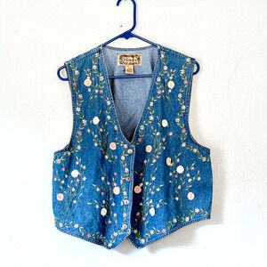 Vintage Tantrum Blues Denim Vest XL Petite Embroidered Floral Boho 90s Cottage